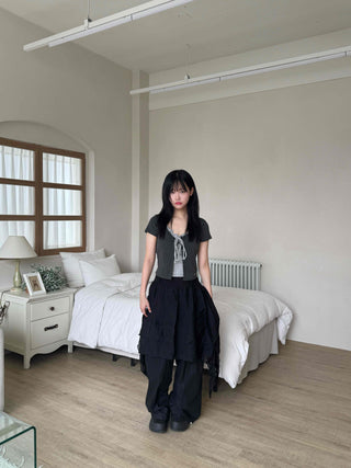 Asymmetrical flare belt tiered skirt