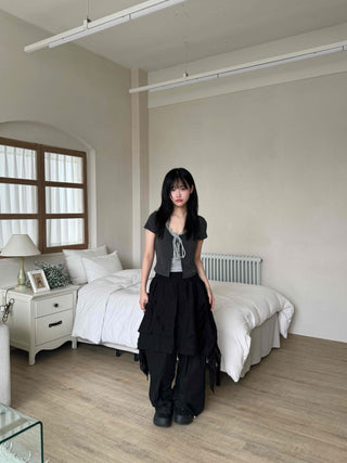 Asymmetrical flare belt tiered skirt