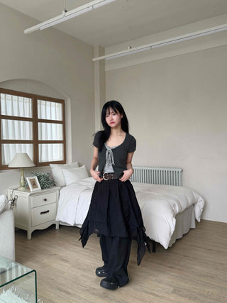 Asymmetrical flare belt tiered skirt