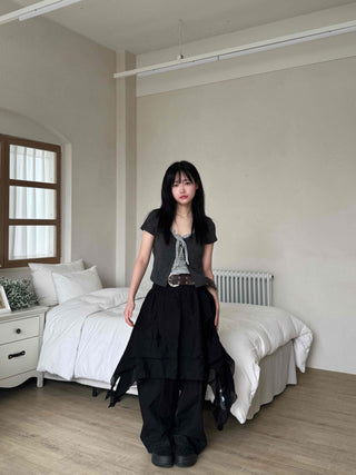 Asymmetrical flare belt tiered skirt