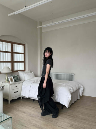 Asymmetrical flare belt tiered skirt