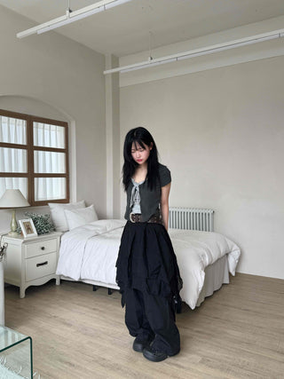 Asymmetrical flare belt tiered skirt