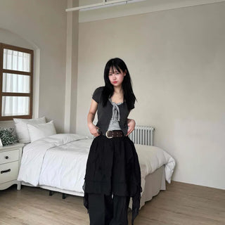 Asymmetrical flare belt tiered skirt