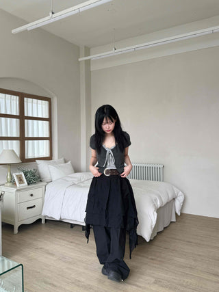 Asymmetrical flare belt tiered skirt