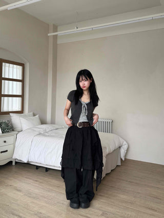 Asymmetrical flare belt tiered skirt
