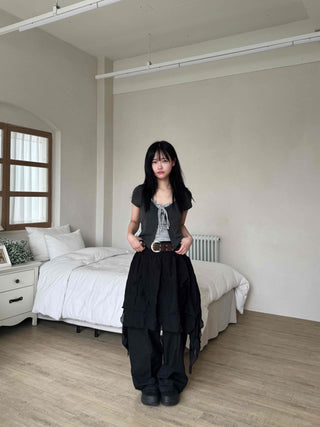 Asymmetrical flare belt tiered skirt