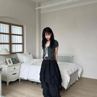 Asymmetrical flare belt tiered skirt
