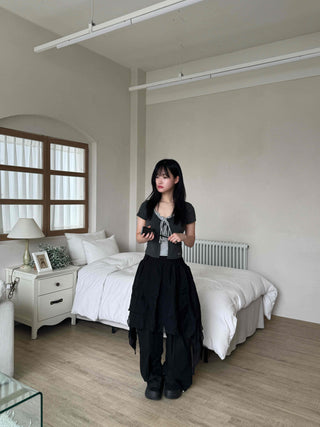 Asymmetrical flare belt tiered skirt