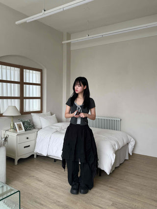 Asymmetrical flare belt tiered skirt
