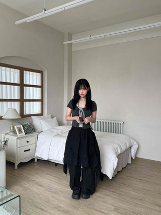 Asymmetrical flare belt tiered skirt