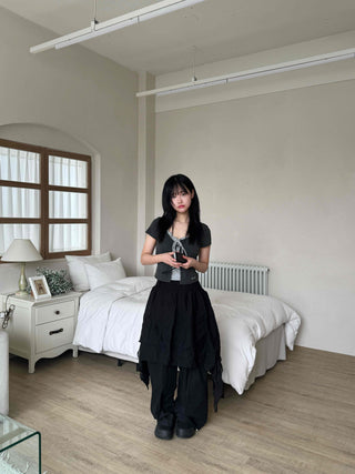Asymmetrical flare belt tiered skirt
