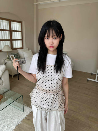 Mesh polka dot halterneck layered sleeveless top
