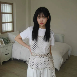 Mesh polka dot halterneck layered sleeveless top