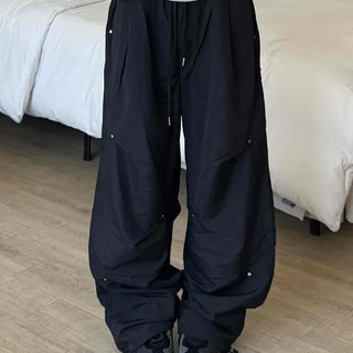 Crisp Nylon Rivet Elastic Waist Long Pants