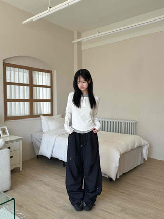 Crisp Nylon Rivet Elastic Waist Long Pants