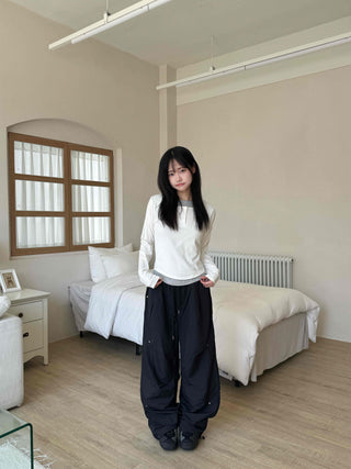 Crisp Nylon Rivet Elastic Waist Long Pants