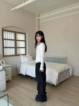 Crisp Nylon Rivet Elastic Waist Long Pants
