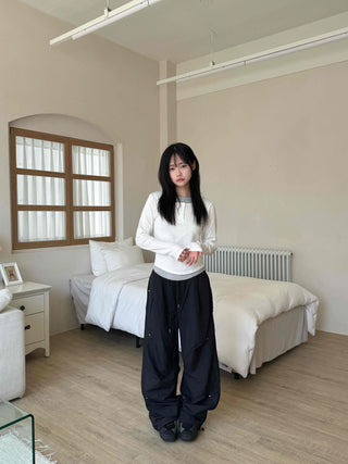 Crisp Nylon Rivet Elastic Waist Long Pants