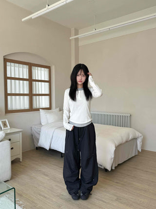 Crisp Nylon Rivet Elastic Waist Long Pants