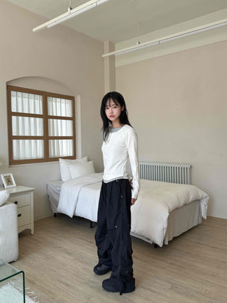 Crisp Nylon Rivet Elastic Waist Long Pants