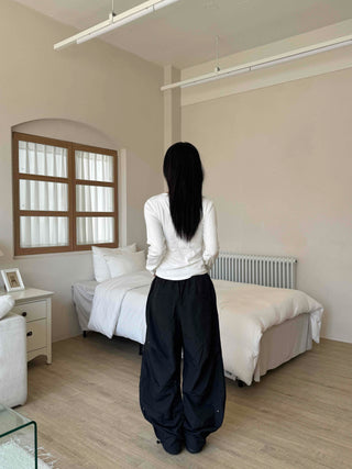 Crisp Nylon Rivet Elastic Waist Long Pants