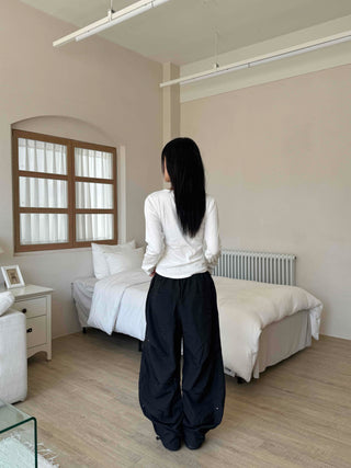 Crisp Nylon Rivet Elastic Waist Long Pants
