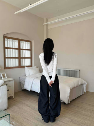 Crisp Nylon Rivet Elastic Waist Long Pants