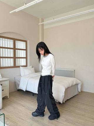 Crisp Nylon Rivet Elastic Waist Long Pants