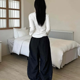 Crisp Nylon Rivet Elastic Waist Long Pants