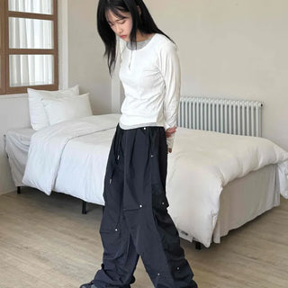 Crisp Nylon Rivet Elastic Waist Long Pants