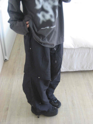 Crisp Nylon Rivet Elastic Waist Long Pants