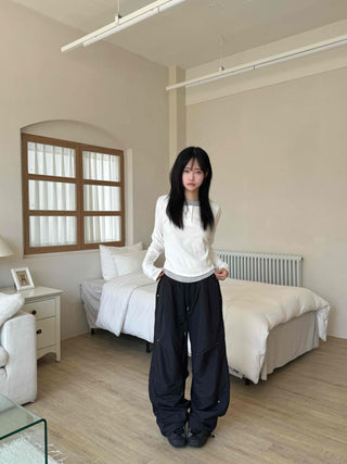 Crisp Nylon Rivet Elastic Waist Long Pants