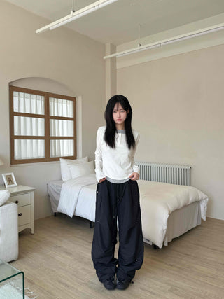 Crisp Nylon Rivet Elastic Waist Long Pants