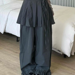 Antique Layered Plain Elastic Waist Long Pants