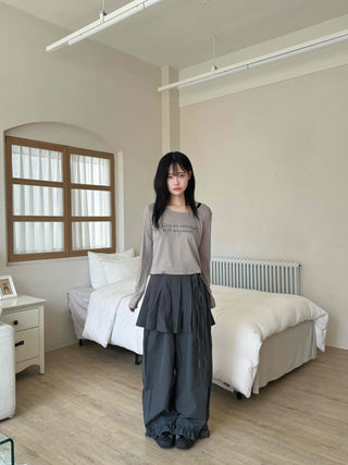 Antique Layered Plain Elastic Waist Long Pants