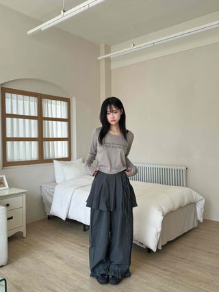 Antique Layered Plain Elastic Waist Long Pants