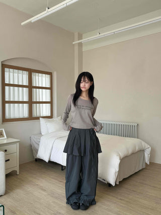 Antique Layered Plain Elastic Waist Long Pants
