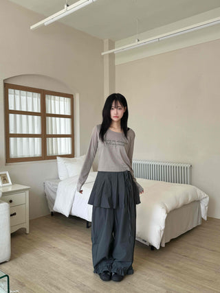 Antique Layered Plain Elastic Waist Long Pants