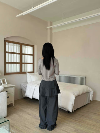 Antique Layered Plain Elastic Waist Long Pants