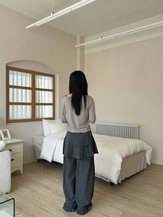 Antique Layered Plain Elastic Waist Long Pants