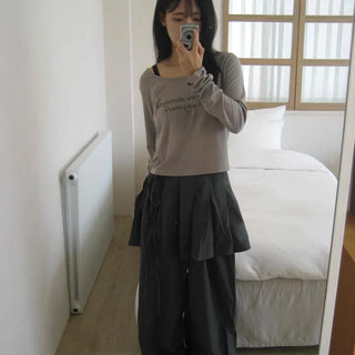 Antique Layered Plain Elastic Waist Long Pants