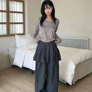 Antique Layered Plain Elastic Waist Long Pants