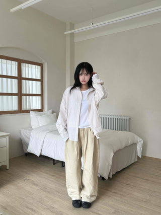 Cotton Pintuck Wide Fit Plain Long Pants