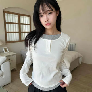 New Basic Color Block Layered U-Neck Long Sleeve T-Shirt