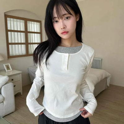 New Basic Color Block Layered U-Neck Long Sleeve T-Shirt