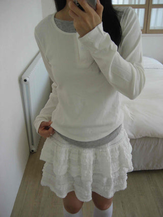 New Basic Color Block Layered U-Neck Long Sleeve T-Shirt
