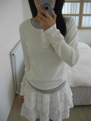 New Basic Color Block Layered U-Neck Long Sleeve T-Shirt