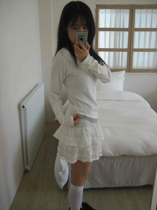 New Basic Color Block Layered U-Neck Long Sleeve T-Shirt