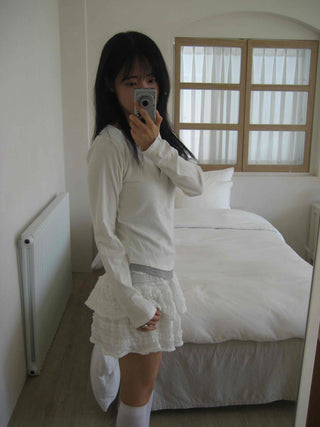 New Basic Color Block Layered U-Neck Long Sleeve T-Shirt