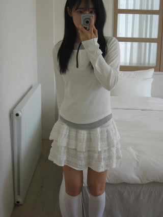 New Basic Color Block Layered U-Neck Long Sleeve T-Shirt